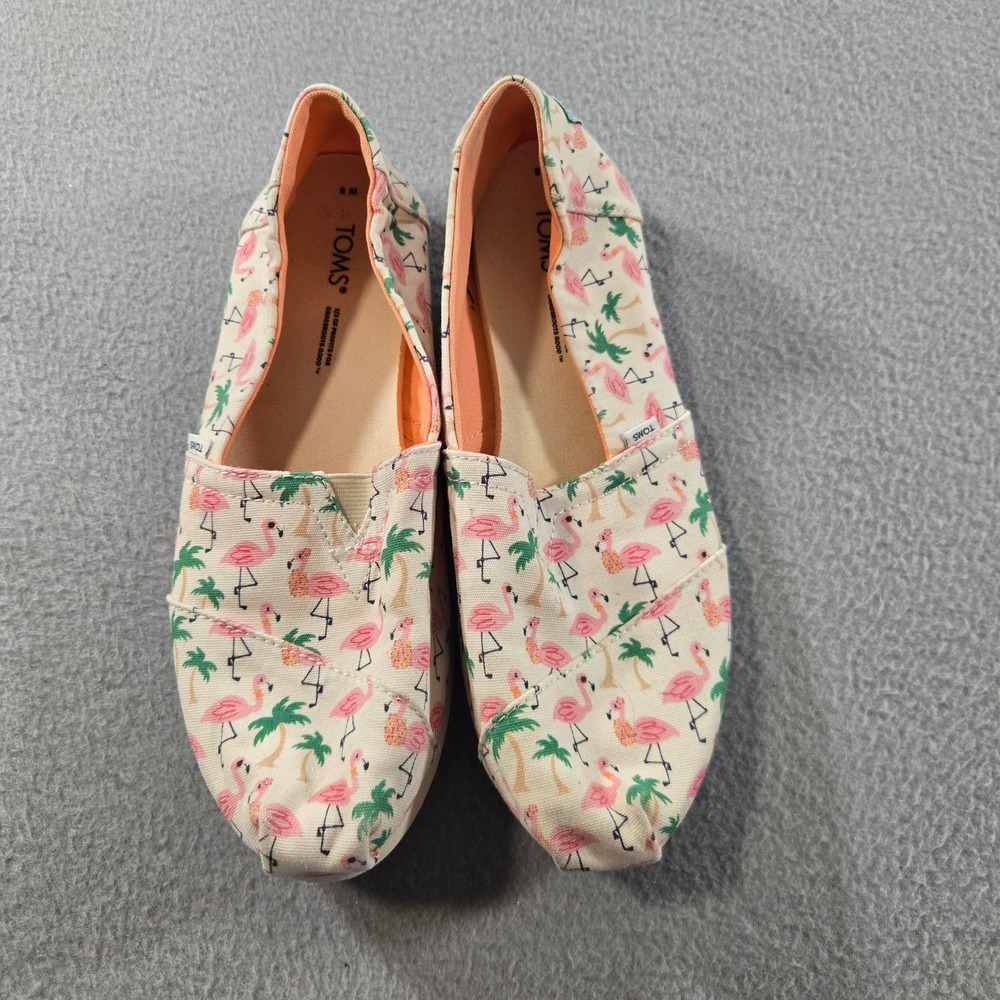 TOMS Alpargata Slip On Shoes Womens 8 Cream Pink Flamingo Palm Tree Canvas Flats